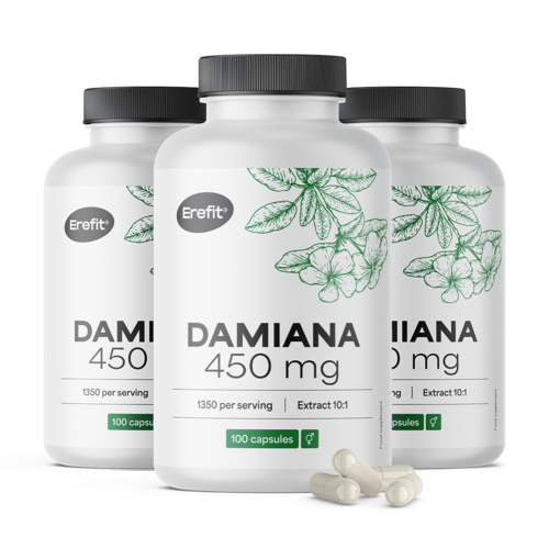 3x Damiana 450 mg - ekstrakt 10:1, razem 300 kapsułek