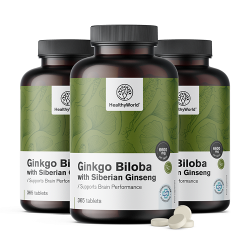 3x Ginkgo biloba z żeń-szeniem syberyjskim 6600 mg, razem 1095 tabletek