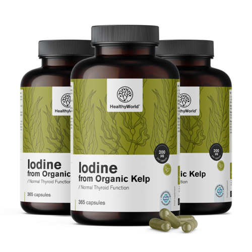 3x Naturalny jod 200 µg - z BIO algi kelp, razem 1095 kapsułek