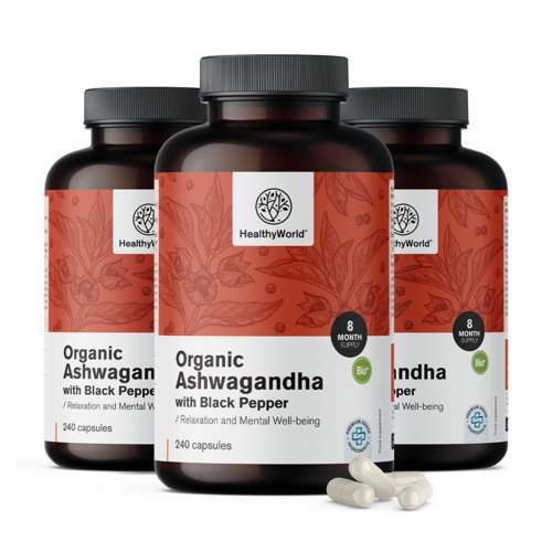 3x BIO Ashwagandha z czarnym pieprzem, razem 720 kapsułek